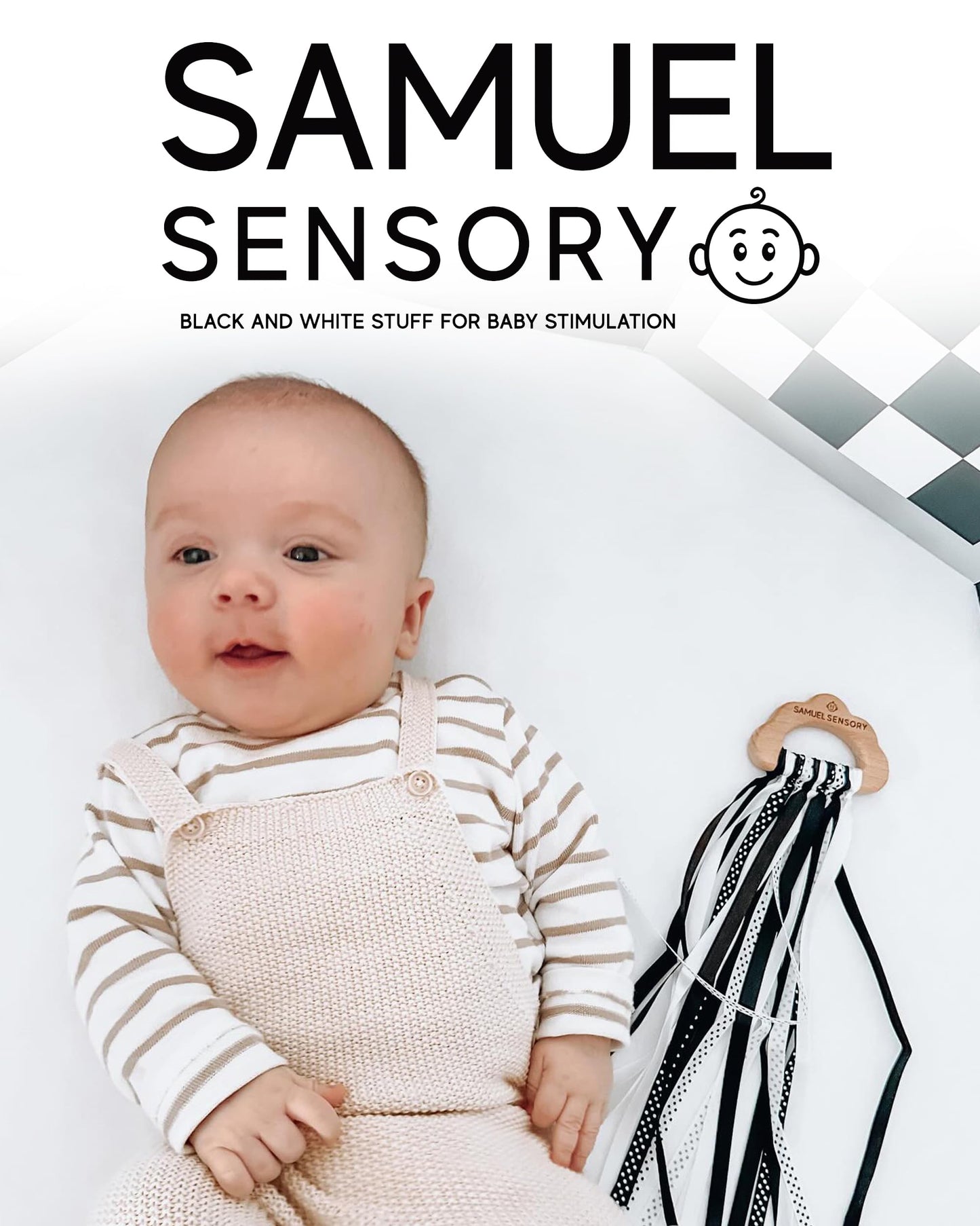 Samuel Sensory Toys Cloud Ribbon - Black and White Baby Toys 0-3 Months Made with Beech Wood & Soft Grosgrain and Satin Ribbon - Developmental High Contrast Baby Toys & Tummy Time Toys