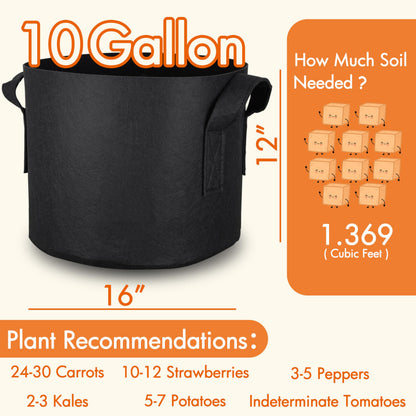 Gardzen 10-Pack 10 Gallon Grow Bags, 300G Thickened Fabric Grow Bags with Handles, Heavy Duty Aeration Plant Grow Bags