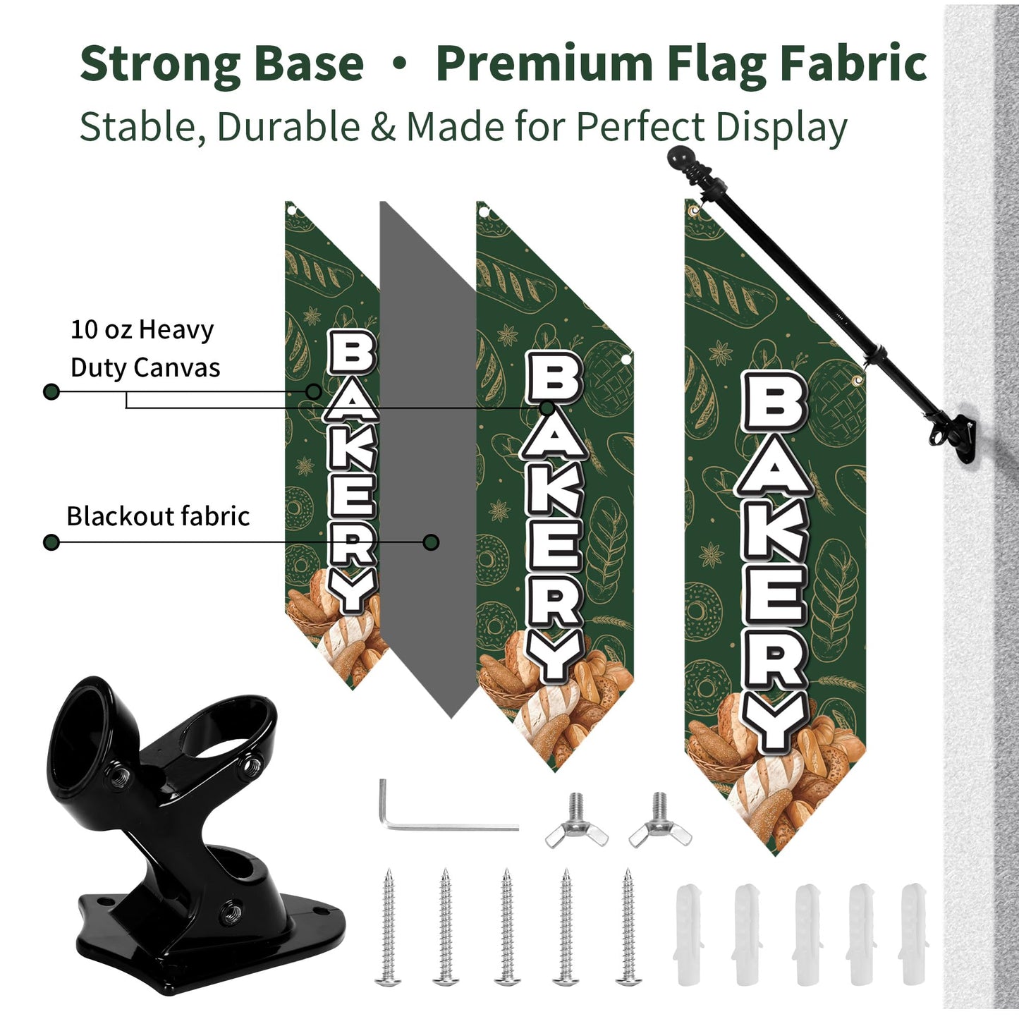 Farm Stand Bakery Flag with Pole Kit – 42x12 Inch Double-Sided Heavy Duty Canvas Banner for Outdoor Cake Shop, Business Sign, Storefront Advertising Decoration(Green)