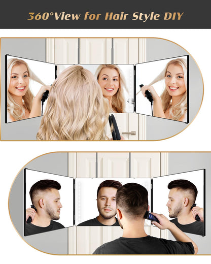 JUSRON 360 Viewing Angle Self Hair Cutting Mirror, Clear Anti-Fog HD Glass (Black with LED with Accessories)