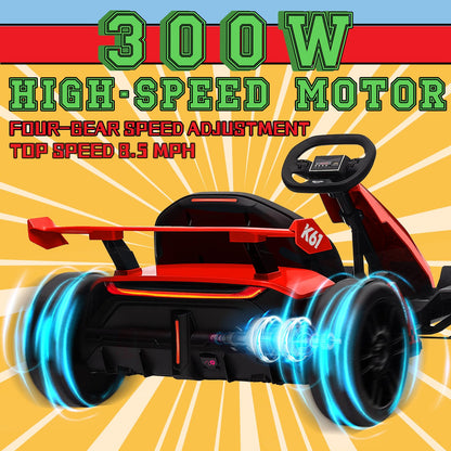 KerryYoo K61 Go Kart Electric Drift Kart with Length Adjustable Seat, 24V Outdoor Ride on Toy with 4 Speed Mode, Crazy Kart for Kids 6-12 Years Old, Fast 300W Motor, 8.5 MPH, Bluetooth - Red
