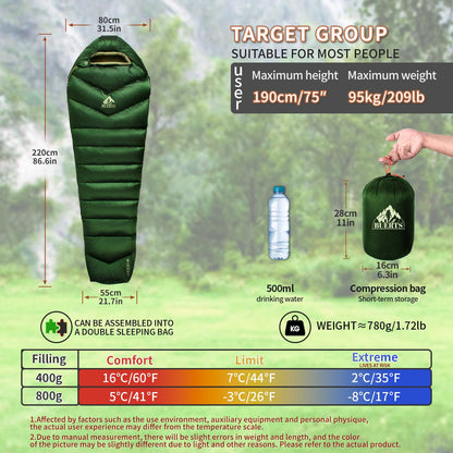 BUERTS Down Sleeping Bag for Adult Backpacking Trips, 620FP, Cold Weather Sleeping Bag, 20°F, 40°F, 60°F. Mummy-Style for Hiking, Camping, and Mountaineering. Compact .(44℉ to 60℉, Green)