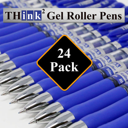 [24 Pens - Blue Ink] Think2 Retractable Gel Pens. (24 Blue) Fine Point (0.5mm) Rollerball Pens with Comfort Grip.