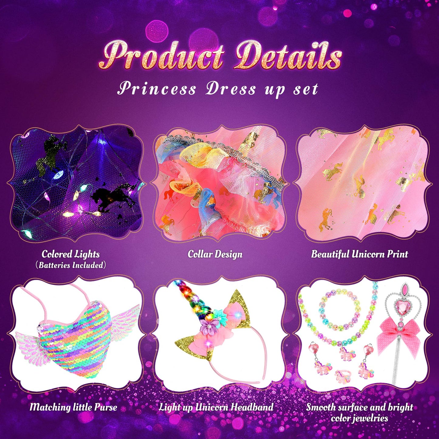 Fedio Princess Dress up for Girls,Unicorn Light up Princess Cape Set,Light up Princess Dress with Unicorn Toys for Girls 3-8 Halloween Pink
