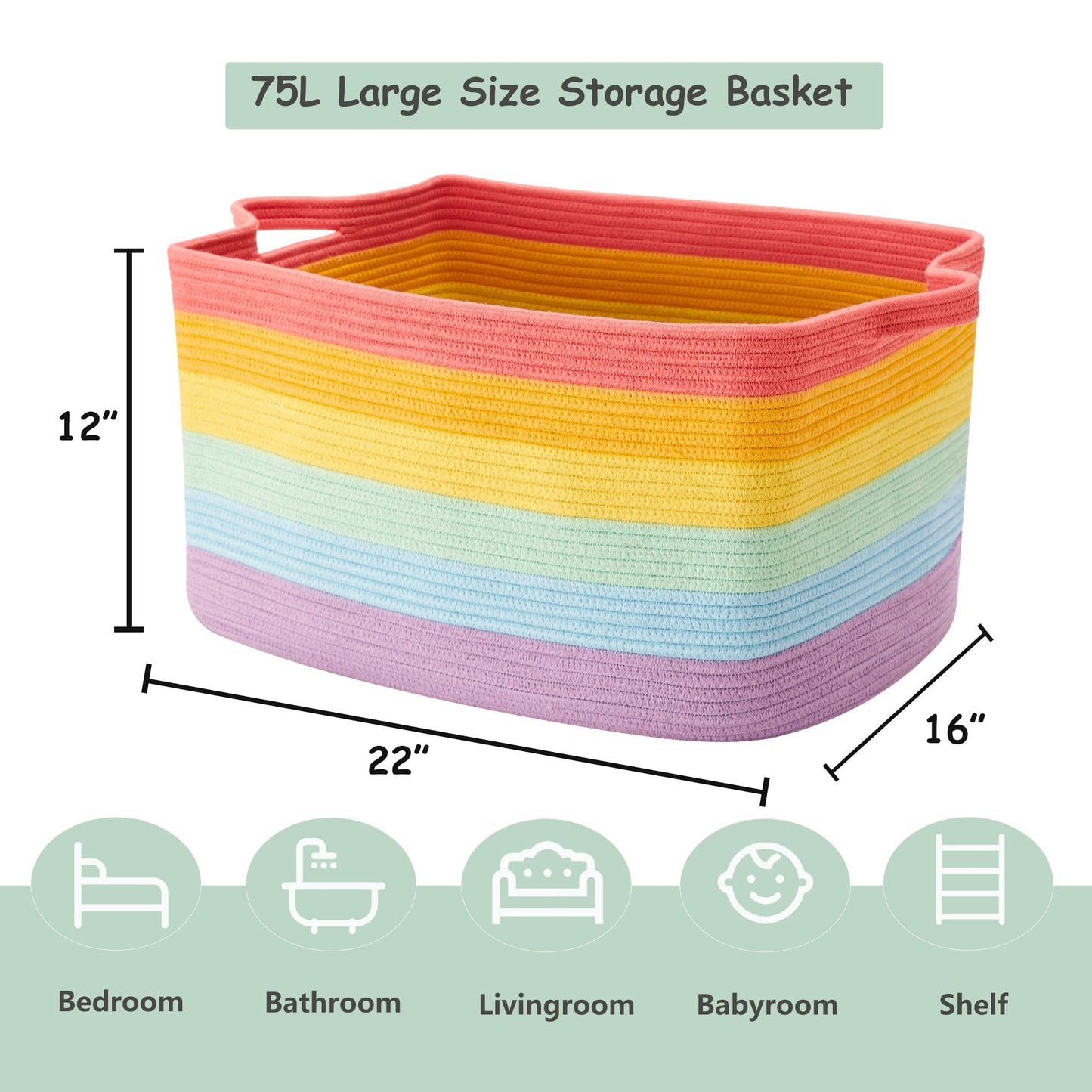 ENAORGAN 75L Extra Large Rainbow Cotton Rope Storage Basket for Blanket Toy Box for Girls Woven Rectangle Basket for Baby Kids Nursery Clothes Laundry Toy Storage in Living Room Bedroom