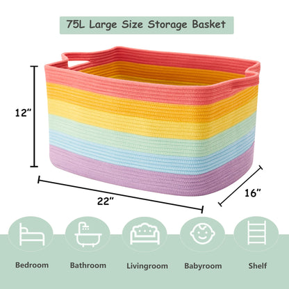 ENAORGAN 75L Extra Large Rainbow Cotton Rope Storage Basket for Blanket Toy Box for Girls Woven Rectangle Basket for Baby Kids Nursery Clothes Laundry Toy Storage in Living Room Bedroom