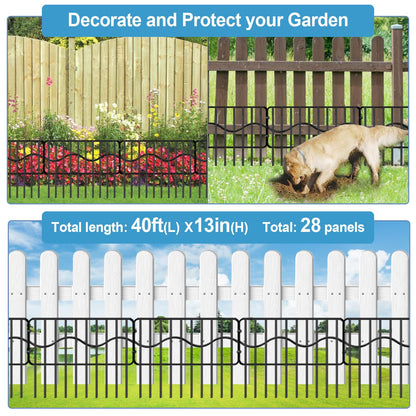 40ft(L) x 13in(H) Garden Animal Barrier Fence, 28panels No Dig Fences, Small Dog Fence Barrier, Animal Barrier Rabbit Fencing Rustproof Metal Decorative Border for Outdoor Garden