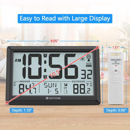 Atomic Clock Wall with Indoor/Outdoor Temp, Battery Operated Digital Wall Clock with 10.5" Large LCD Display, 330ft Range Desk Table Clock with Alarm, DST, Calendar for Living Room Bedrooms, Black