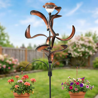 81" Metal Wind Spinner with Solar LED Light & Hanging Hooks - Rustic Copper Finish Kinetic Yard Art for Garden, Patio, Lawn - Outdoor Decor Stake
