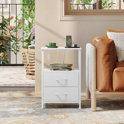 Somdot White Nightstand with Charging Station and LED Light for Bedroom, 2 Drawers Dresser with Fabric Bins for Bedside Kids Dorm Room Closet Laundry Entryway, White Leather