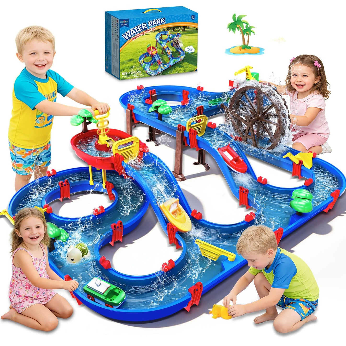 TERRAMUS 2-Tier Kids Watermill Water Table Toys, 124PCS Water Park Playset with Pump, Waterwheel, Summer Outdoor Water Toys Waterways for Backyard,Lawn,Beach,Pool,Gifts for Boys Girls Toddlers 3-5 4-8