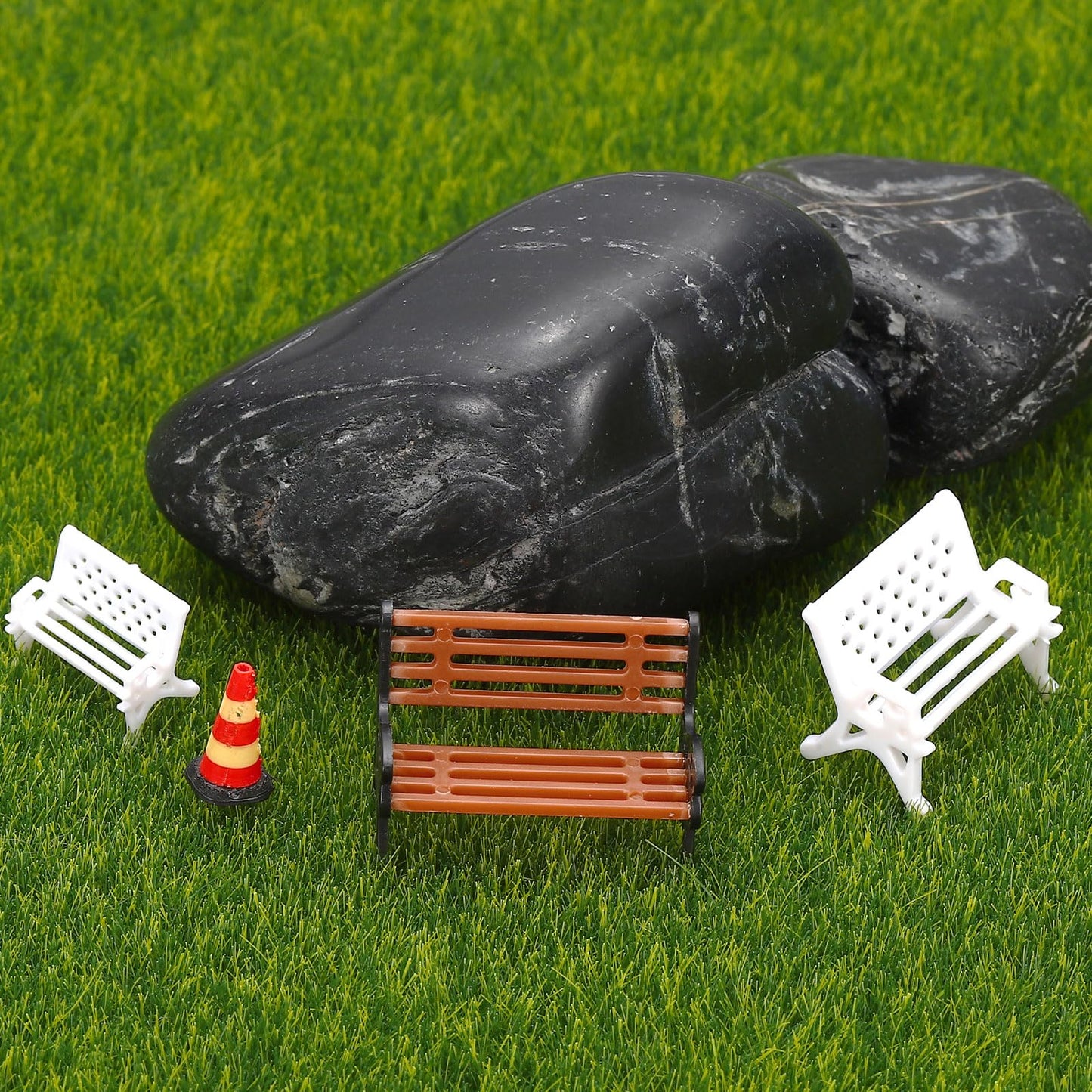 HEARTOOL Mini Park Benches, Dollhouse Furniture Model Plastic Miniature Parks Fish Tank Potted Plant Decoration for Plant Lover, Play House Micro Garden Decor(M, Orange, 4Pcs)
