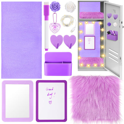 Wonderjune 12 Pcs Locker Accessories Kit Magnetic Mirror Whiteboard Pen Holder Magnet Hook Locker Wallpaper Rug Keychain Marker String Light for Back to School Essentials Decorations (Purple)