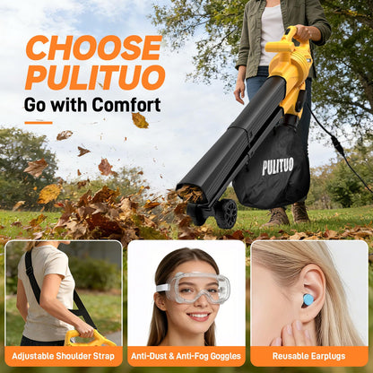 PULITUO 3 in 1 Electric Leaf Blower Vacuum Mulcher with Bag, 530CFM & 170MPH Leaf Vacuum Corded Blowers for Lawn Care, 15:1 Powerful Leaf Mulcher with Shoulder Strap (Yellow)