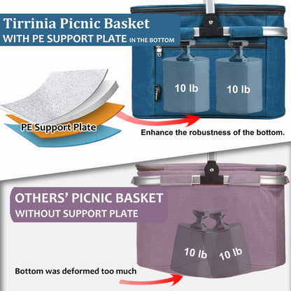 Tirrinia Large Insulated Picnic Basket, 34L Water Resistant & Leakproof Collapsible Portable Cooler Basket Set with Aluminium Handle for Travel, Shopping, Camping,Foldable Grocery Bag, Blue