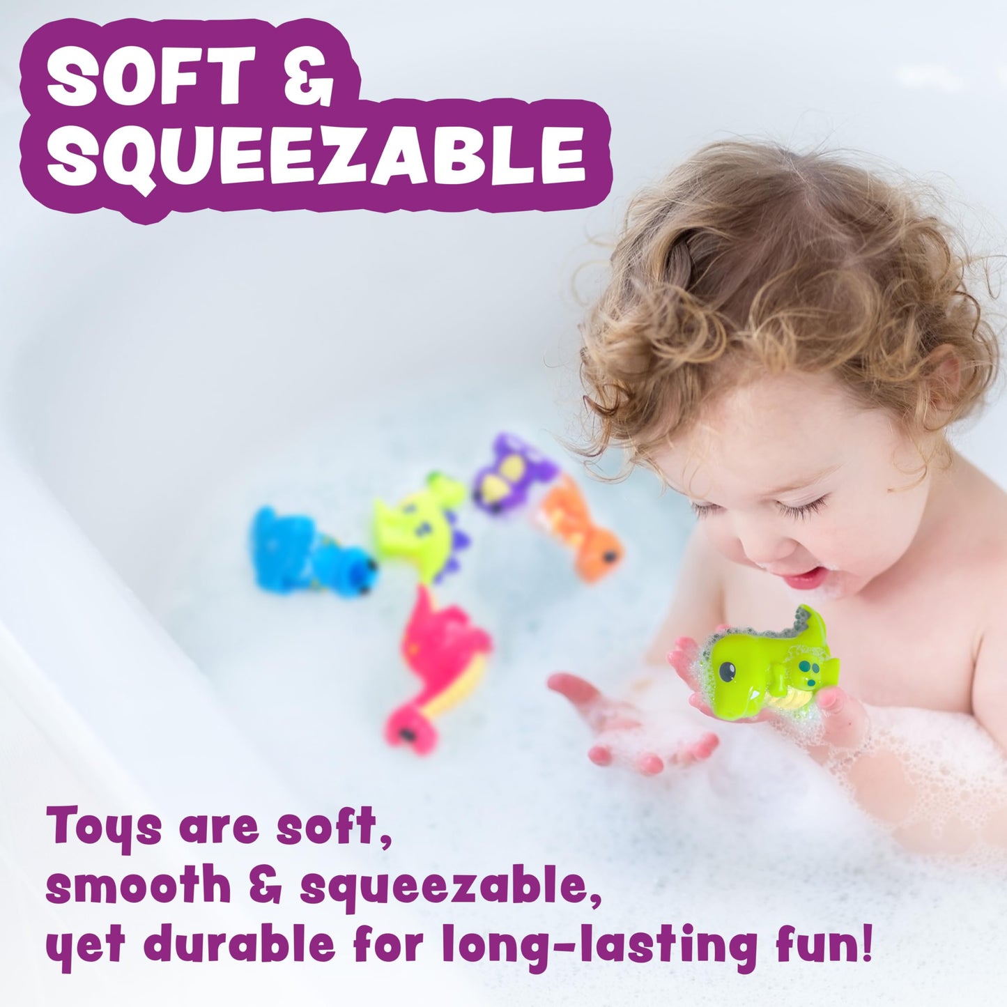 Tub Works® Dinosaur Mold Free Bath Toys, 12 Pack | Sealed, No Hole Bath Toys Design Keeps Moisture Out | Soft, Squeezable & Float on Water | Easy-Grip Baby & Toddler Bath Toy Set | Baby Pool Toys
