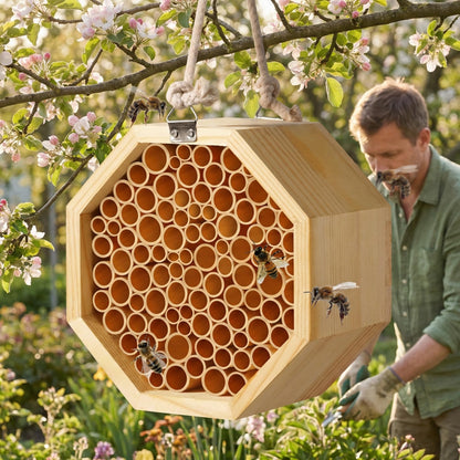 Mason Bee House - Handcrafted Natural Wooden Bee Hotel with Waterproof Wax Coating - Attracts Peaceful Pollinators, Enhances Garden Productivity