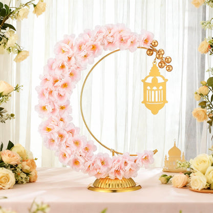 Yookeer Ramadan Decorations Eid Mubarak Table Decor Lighted Moon Shaped Wreaths with Castle for Fireplace Office Bedroom Party Supplies Muslim Party Tabletop Decor Home(Camellia)