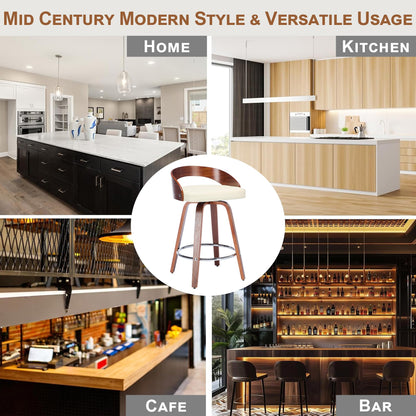 Swivel Bar Stools Set of 2, 24.6" Counter Height Bar Stools, Mid-Century Modern Design, Upholstered Walnut Barstools with Bentwood Curved Back and Legs, Suitable for Kitchen Island, Counter