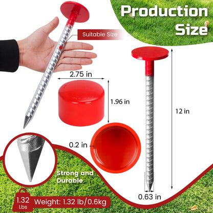 2 Pack Rebar Property Line Markers, 12 Inch Heavy Duty Galvanized Steel Survey Markers Stakes Hi-Vis Red Property Land Boundary Markers for Paving Gardens Lawn Edges Landscaping Edging Weed Barriers