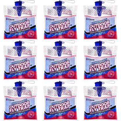 Fly Traps Outdoor Fly Trap for Patio. 9 Non-Toxic Pre-Baited Flies Bags Outdoor Disposable. Hanging Bug Catchers for All Filth Flies Killer for Outside Bug Control in Yard Horse Ranch Trash Can.