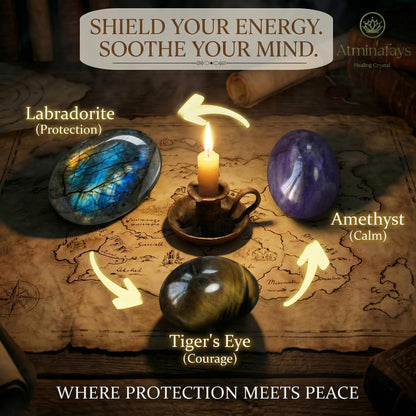 Protection & Anxiety Relief Crystal Set - Polished Palm Stones Labradorite, Tiger Eye & Amethyst, Worry Stones Trio for Meditation, Yoga, Travel Protection, Aura Cleansing & Chakra Balance