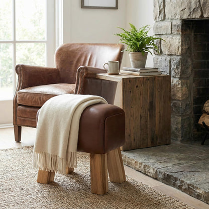 Bare Decor Gorgie Accent Stool in Brown Genuine Leather with Teak Legs Small