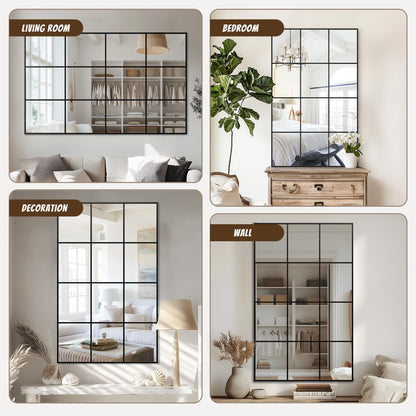 Antok Wall Mirror, 48" x 30" Window Pane Decorative Mirror, Metal Framed Wall Mounted Mirror, Hanging or Leaning for Living Room, Bedroom, Dining Room, Entryway, Black