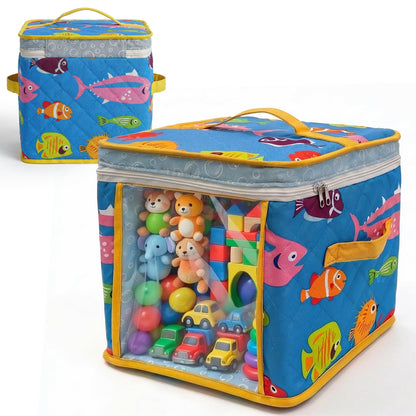 Up North Goods 12" Soft Side Zipper Toy Storage Bag, Quilt Pattern Cloth Cube, Reusable, Clear Bag, Playroom, Bedroom & Puzzles Board Game Organizers And Storage Bin, Fish & Bubbles Design