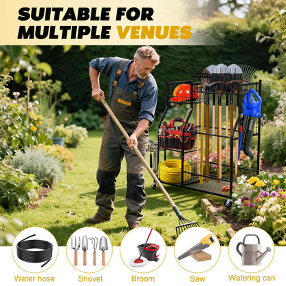 Garden Tool Organizer Rolling Cart Large Capacity Rust-Resistant Metal Tool Cart with Wheels Hooks Garage Shed Yard Outdoor Storage Rack Suitable for Long-Handled Tools/Rakes/Shovels