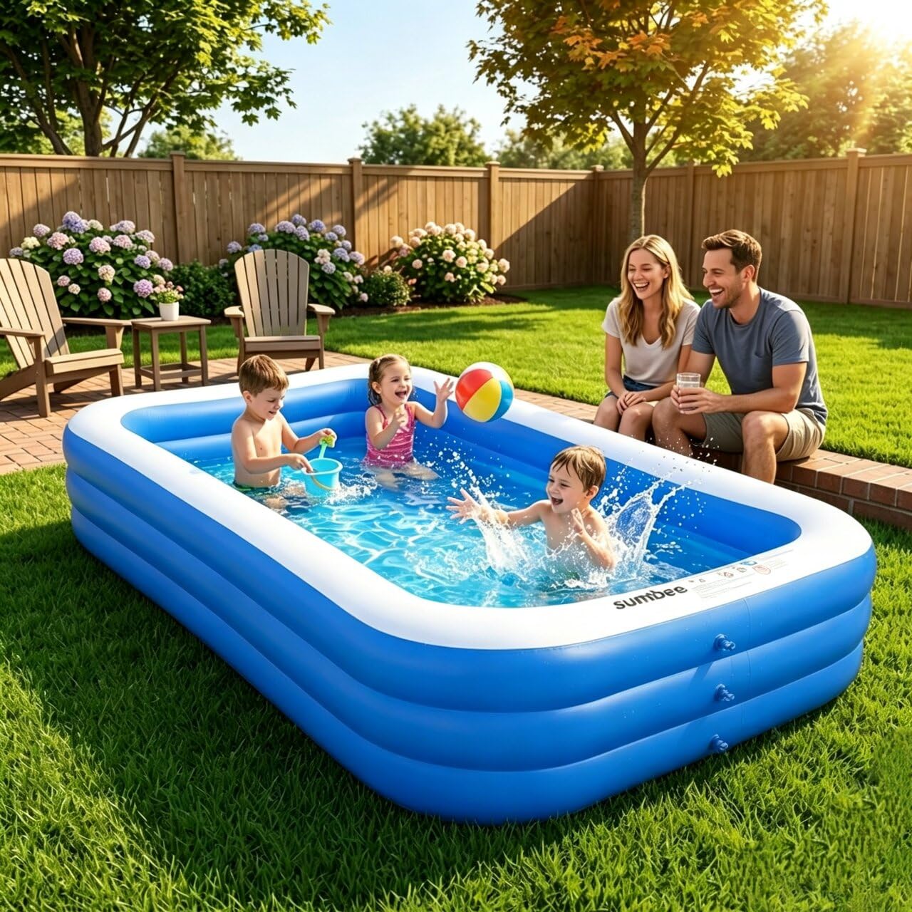 Sumbee Inflatable Swimming Pool for Kiddie Adults Kids, 120" X 72" X 22" Large Blow Up Pool for Family Backyard Outdoor Toddler,Big Rectangle Pools for Children Ages 4-8-12,Full-Sized,Blue