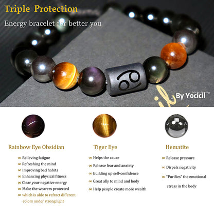 Yocicil Birthday Gift, Rainbow Black Obsidian Mens Bracelet, Couples Bracelets 10mm Natural Tigers Eye Hematite Bracelet, Zodiac Healing Crystal Bracelet Good Luck Gifts (Taurus gifts)