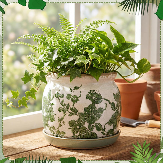 Ferrochef 2 Set Vintage Ceramic Planters, 6 Inch Beige Green Crackle Glaze Flower Pots with Drainage Saucers, Vintage Style Green Floral Plant Pot for Indoor Plants, Home Decor Gift