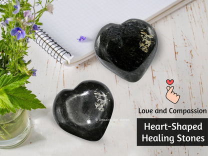 Nuummite Crystal Heart Palm Stone - Pocket Massage Worry Stone for Natural Body Chakra Balancing, Reiki Healing and Crystal Grid