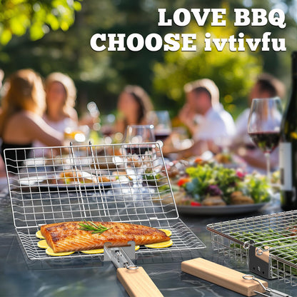 ivtivfu Fish Grill Basket Set, Removable Wooden Handle, 304 Stainless Steel, Nesting BBQ Tools, Smoker Grilling Accessories for Vegetable, Outdoor Cooking Camping, Birthday Gifts for Men Dad Husband