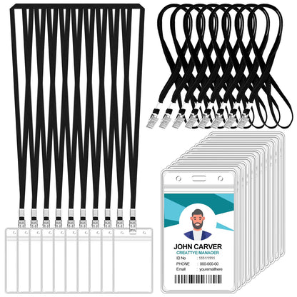 50 Pcs Clear Vertical Badge Id Card and 50 Pcs Lanyard, Reusable Lanyards for Id Badge Holder Name Tag Badge Holder with Lanyards for Adults Kids Business School Conferences (Black)