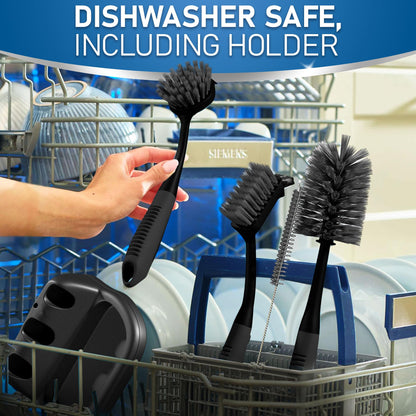 Dish Brush Set of 5 with Holder - Kitchen Scrub Brushes with Non-Slip Long Handle for Cleaning, Scrubber, Dishwashing, Dishes, Bottles, Straws, Cups, Pots & Sink, Black