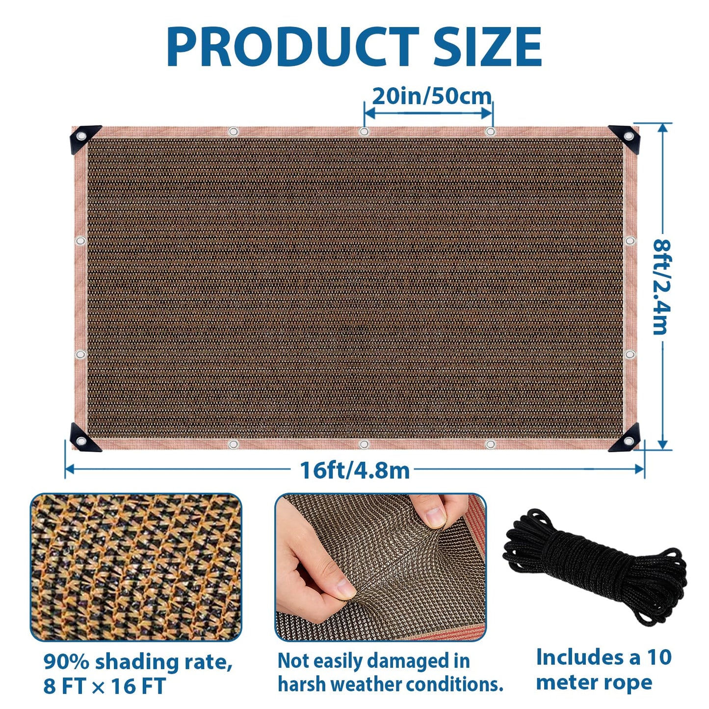 LCYFBE Shade Cloth for Garden, 8 x 16 FT 90% Mesh Tarp with Grommets Shade Cloth for Greenhouse,Patio,Vegetables,Plants Cover and Chicken Coops, Mocha Shade Net for Outdoor Garden