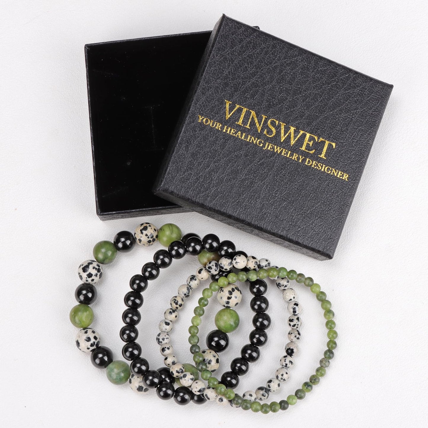 Vinswet 4pcs Natural Stone Beaded Bracelets for Women Men,Healing Crystal Gemstones Stretch Bracelet,4mm 6mm 8mm 10mm Southern jade Dalmatian Jasper Black Obsidian Anxiety Stress Relief Bracelet Jewelry Gifts