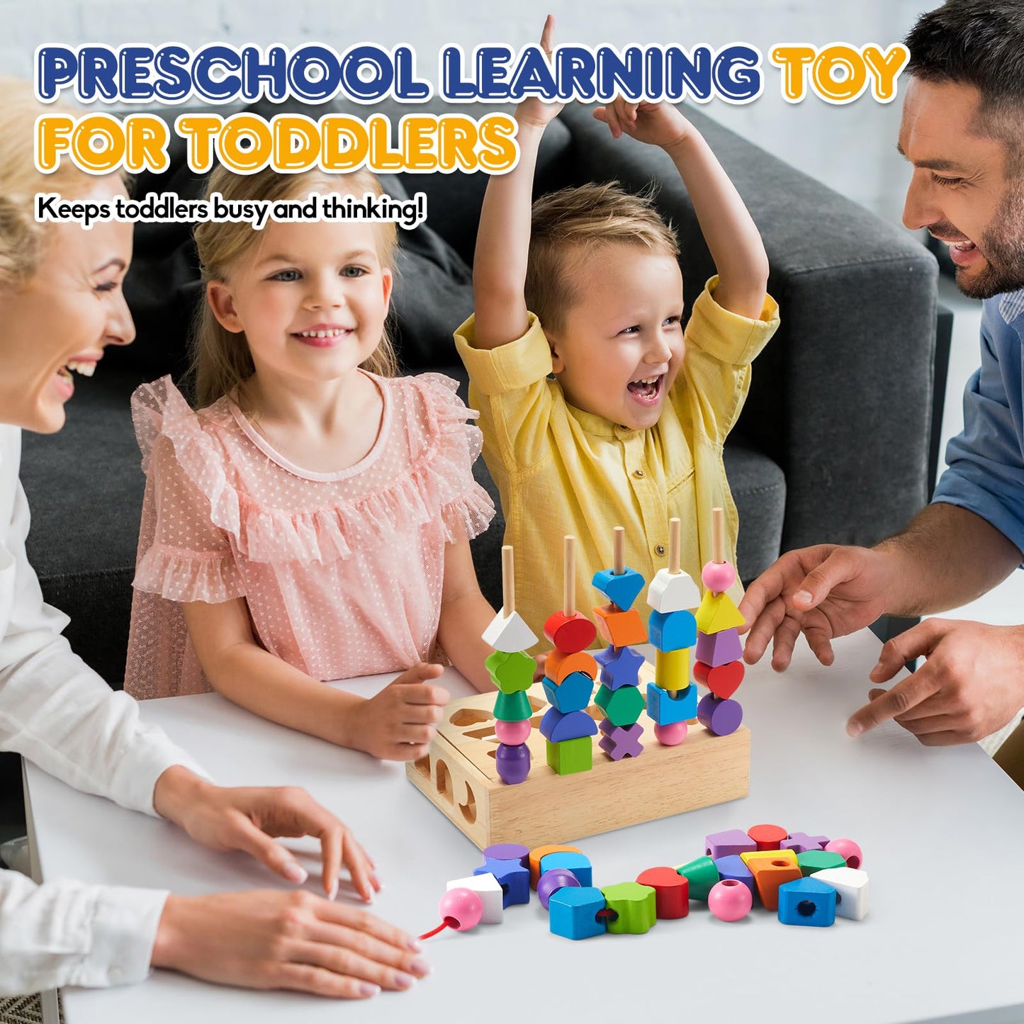 ZGIMI 3 in 1 Montessori Wooden Toys, Lacing Beads & Stacking Blocks & Shape Sorter Sequencing Toy Set, STEM Preschool Educational Learning Fine Motor Skills Toys for Toddlers 3 4 5 Years Gifts