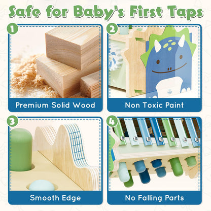 Lehoo Castle Baby Montessori Toys for 1 2 Year Old, Wooden Hammering Pounding Toy with Xylophone, Educational Learning Activities for 1 2 3 Year Old Boys First Christmas Birthday Gifts - Dinosaur