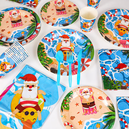 HOWAF 117pcs Hawaii Christmas Decorations Tableware Set, Paper Plates and Napkins Sets Plastic Xmas Santa Tablecloth Disposable Dinnerware Beach Party Paper Cups Forks Supplies