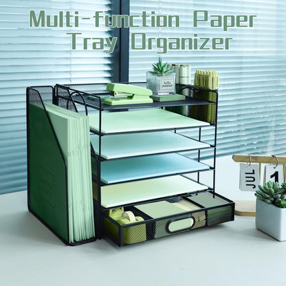 6 Tier Desk File Organiser with Extra Vertical File Sorter, Paper Letter Tray with Top Stationery Drawer Holder, A4 Paper Desktop Filing Trays, Magazine Document Holder for Home Office, Black