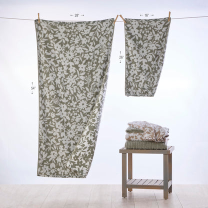 SKL Home Bedford Floral 100% Cotton Premium 2-Piece Hand Towel Set, 600 GSM, Soft & Absorbent, Reversible Jacquard, Decorative for Bath/Kitchen/Bar & Gift, Sage