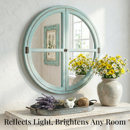 Pocetry 30" Round Window Mirror, Solid Wood Faux Windowpanes Wall Decor with Shatterproof Glass, Distressed Teal Coastal Farmhouse Accent Mirror for Entryway, Living Room, or Dining Room