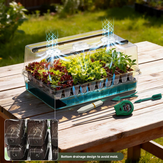 Adawook Self-Watering Seed Starter Tray with Grow Lights, 60 Cells Seed Starter Kit, Full Spectrum Grow Light for Seed Starting, Timing Set, Germination Tray Grow Kits with High Humidity Domes