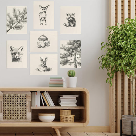HDXUFJQ Neutral Nursery Wall Art Woodland Animal Canvas Wall Decor Forest Animal Themed Sketch Pictures Prints Vintage Nature Rustic Baby Kids Boys Girls Room Home Paintings Decor Unframed（8"x10"）