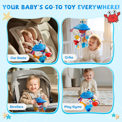 Car Seat Toys for Babies 0-6 Months, Hanging Sensory Crab Plush Toy for Stroller, Crib & Play Gym, Clip-On Montessori Infant Activity Toy with Mirror, Rattle & Teether, Newborn Baby Gifts 0-12 Months