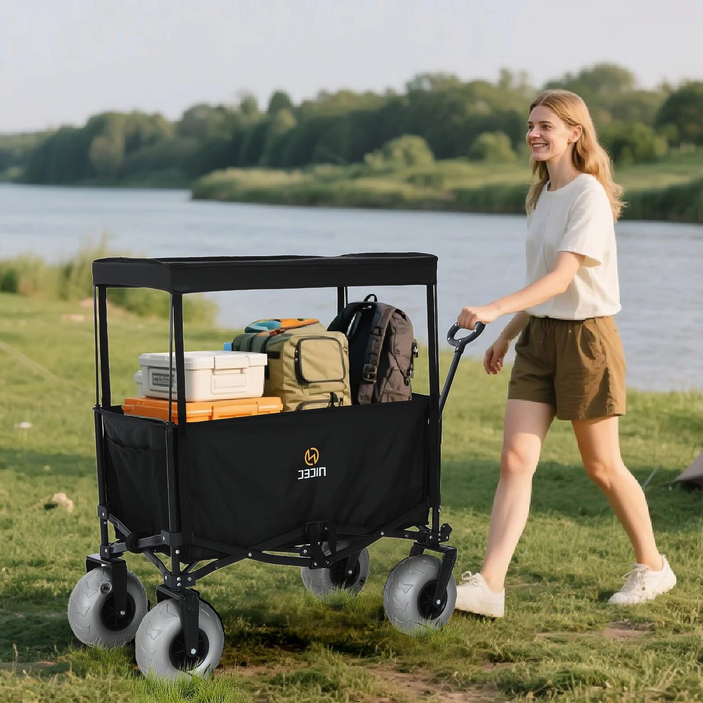 Nice C Beach Wagon with Canopy, Beach Cart with Ballon Wheels for Sand, 9'' Big Sand Wheels, 220 lb Capacity, Adjustable Handle, for Camping, Groceries