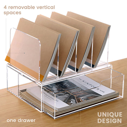 HeZone Desk Organizers and Accessories, Acrylic Desk Organizer with Drawer, Office Supplies Organization Storage, Clear Acrylic File Organizer for Desk - 1 Pack